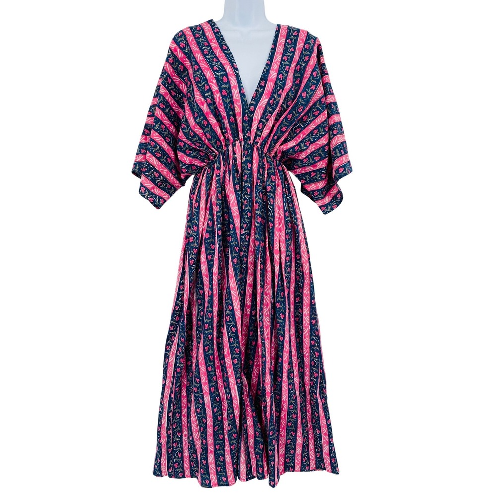 Marigold Maxi‎ Dress One Size Pink Blue Floral Stripe V-Neck Kaftan Boho NWT